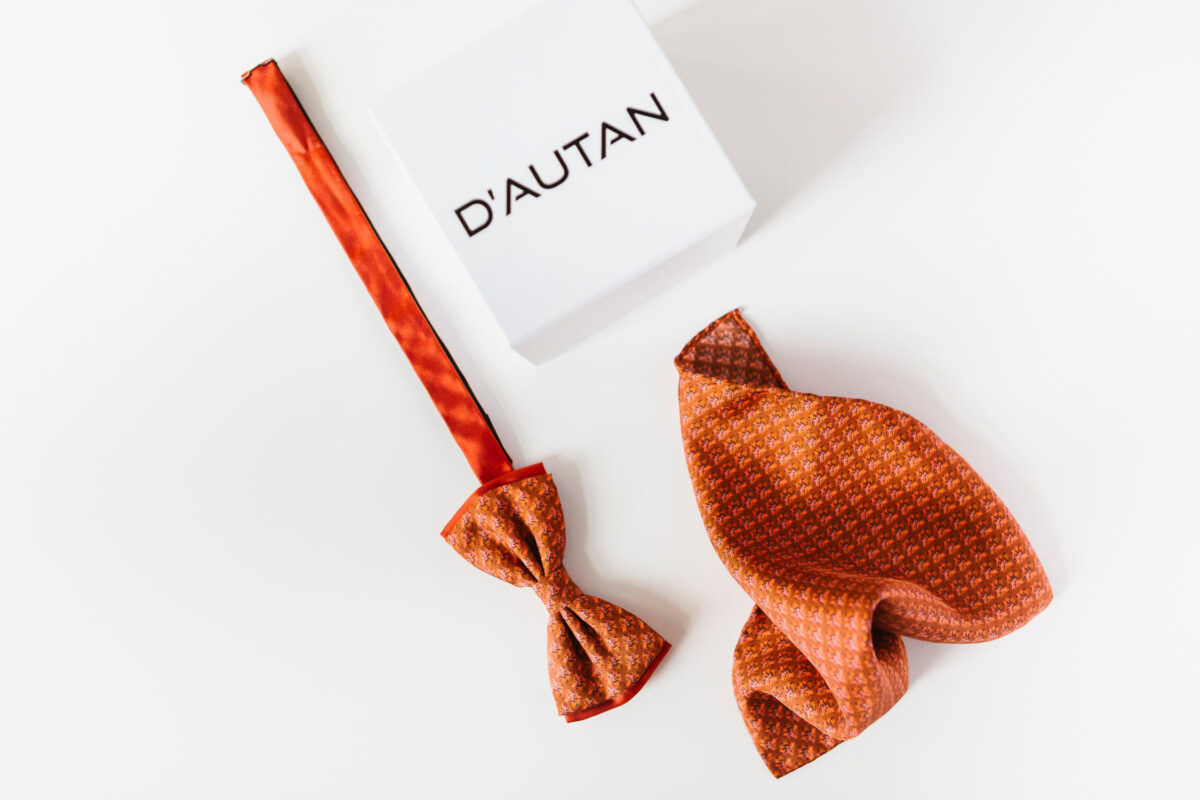 satin pocket square and bowtie in rusty orange for men