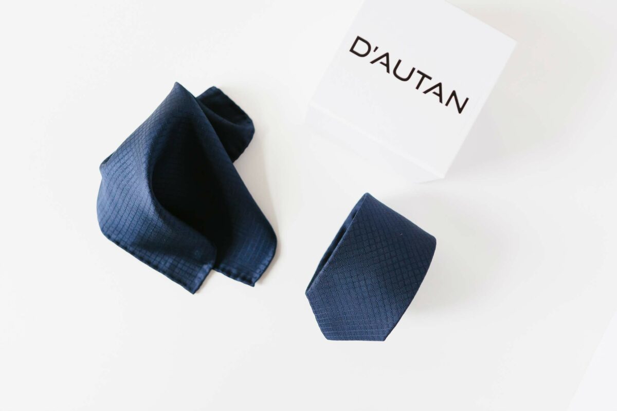 woven pocket square and tie in marine blue for men