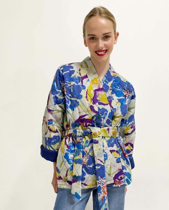 woman wearing Quilted kimono Neva water flower blue